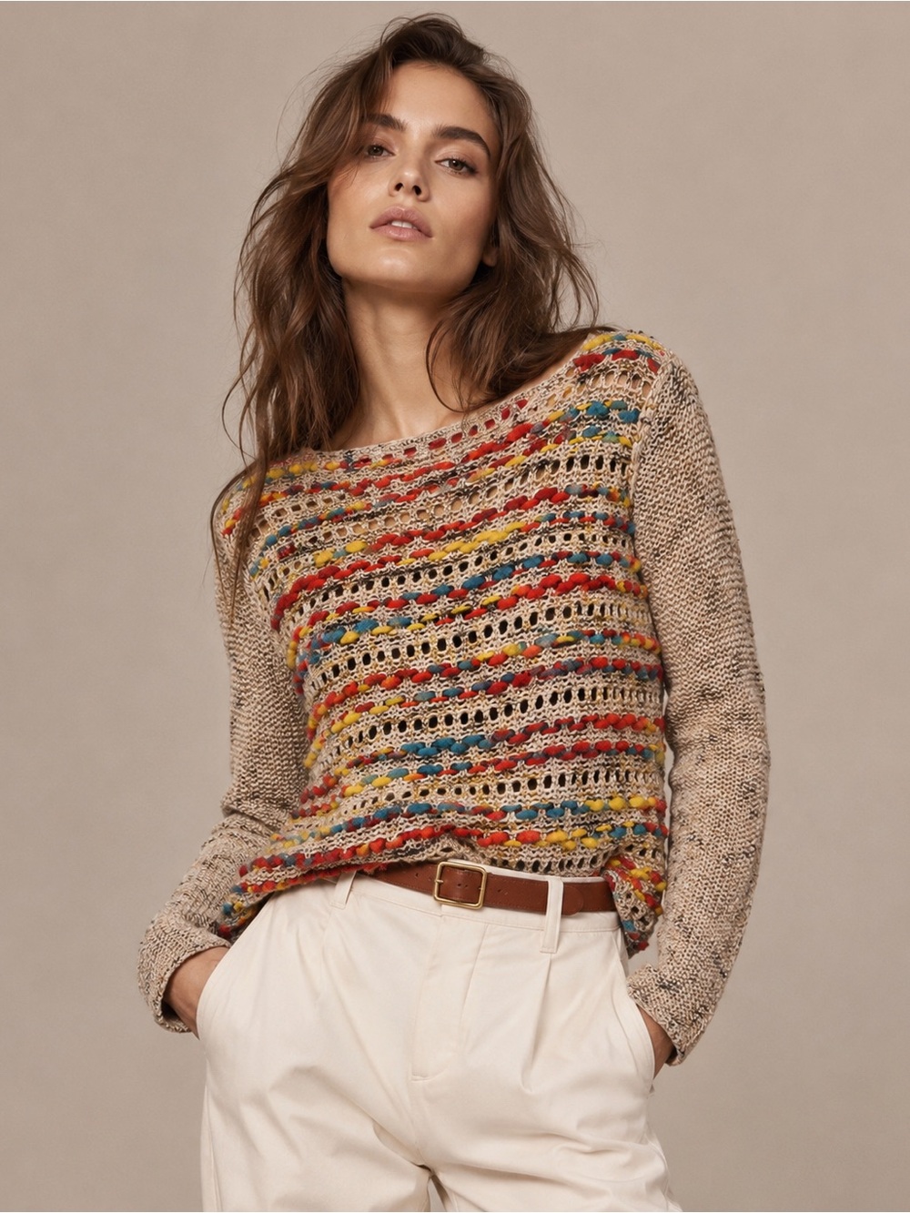 Pieces by Kensie Open Knit Confetti Yarn Boho Sweater Size L